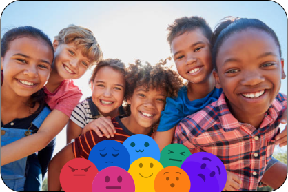 Diverse group of smiling students with colorful emoji faces