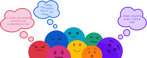 Colorful emoji faces showing different emotions with thought bubbles expressing student concerns
